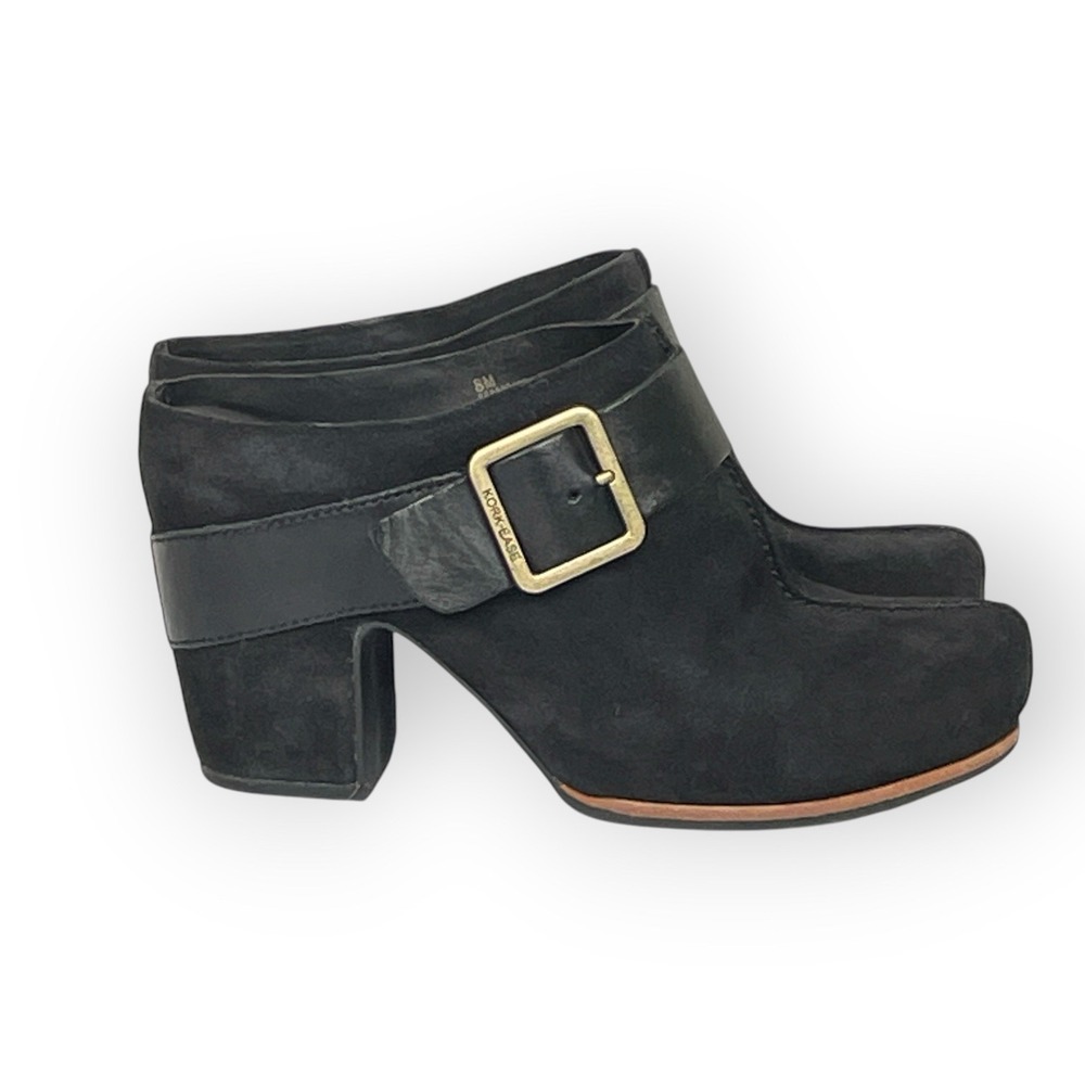 Black Suede Block Heel Mules with Buckle